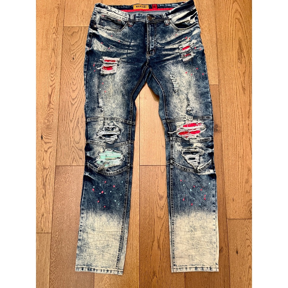 Makobi Mens Biker Jeans Acid Wash Distressed Paint Splatter Moto Denim 34x31